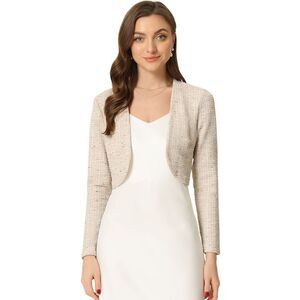 Vintage Crop Shrugs Bolero Open Front Plaid Tweed Cardigan Beige